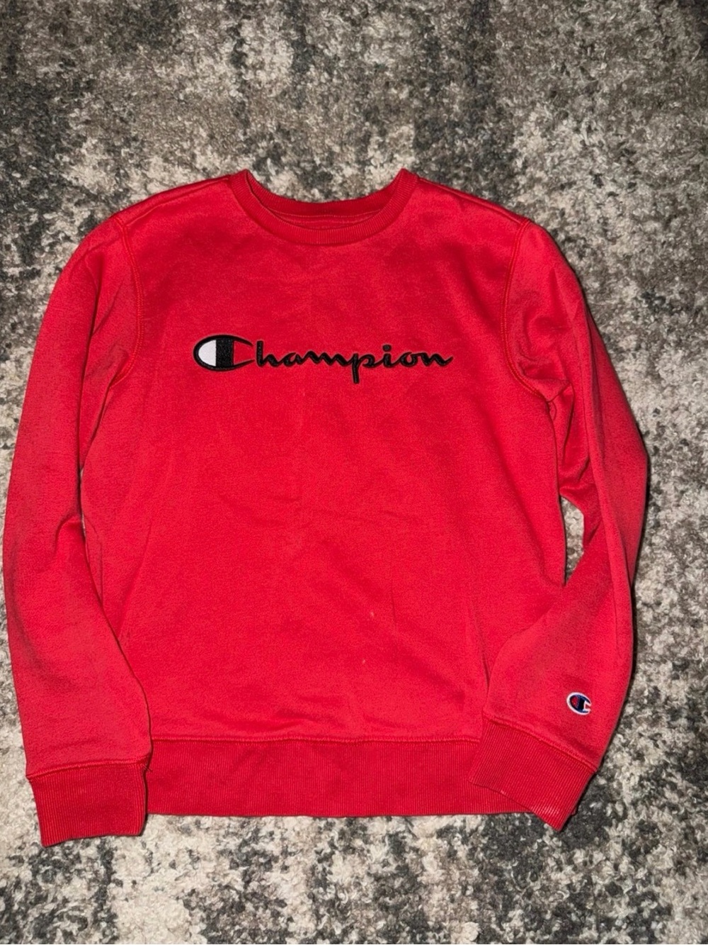 Champion Men’s Red Crewneck Sweatshirt with Script Logo